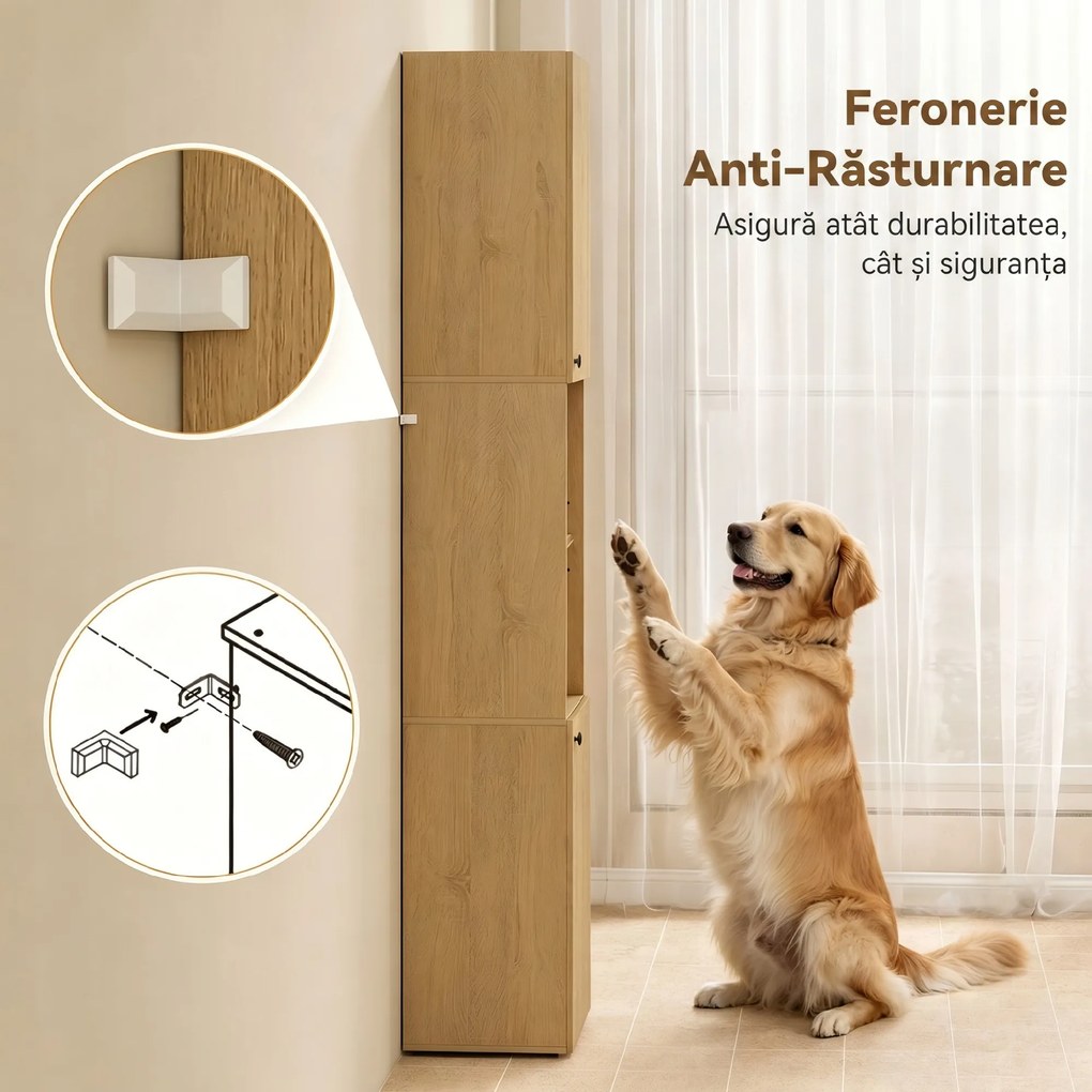 HOMCOM Coloană Baie Slim 6 Rafturi, 2 Uși, Compartimente Deschise, Raft din Sticlă Securizată, Rafturi Reglabile, Stejar | Aosom Romania
