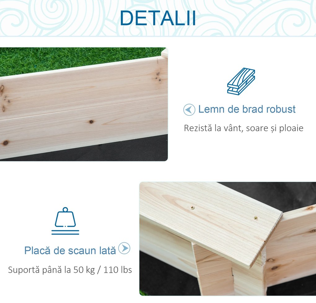 Outsunny Cutie de Nisip pentru Copii 3-8 Ani cu Scaune și Peliculă de Acoperire, 139,5x139,5x21,5 cm, Lemn Natural | Aosom Romania
