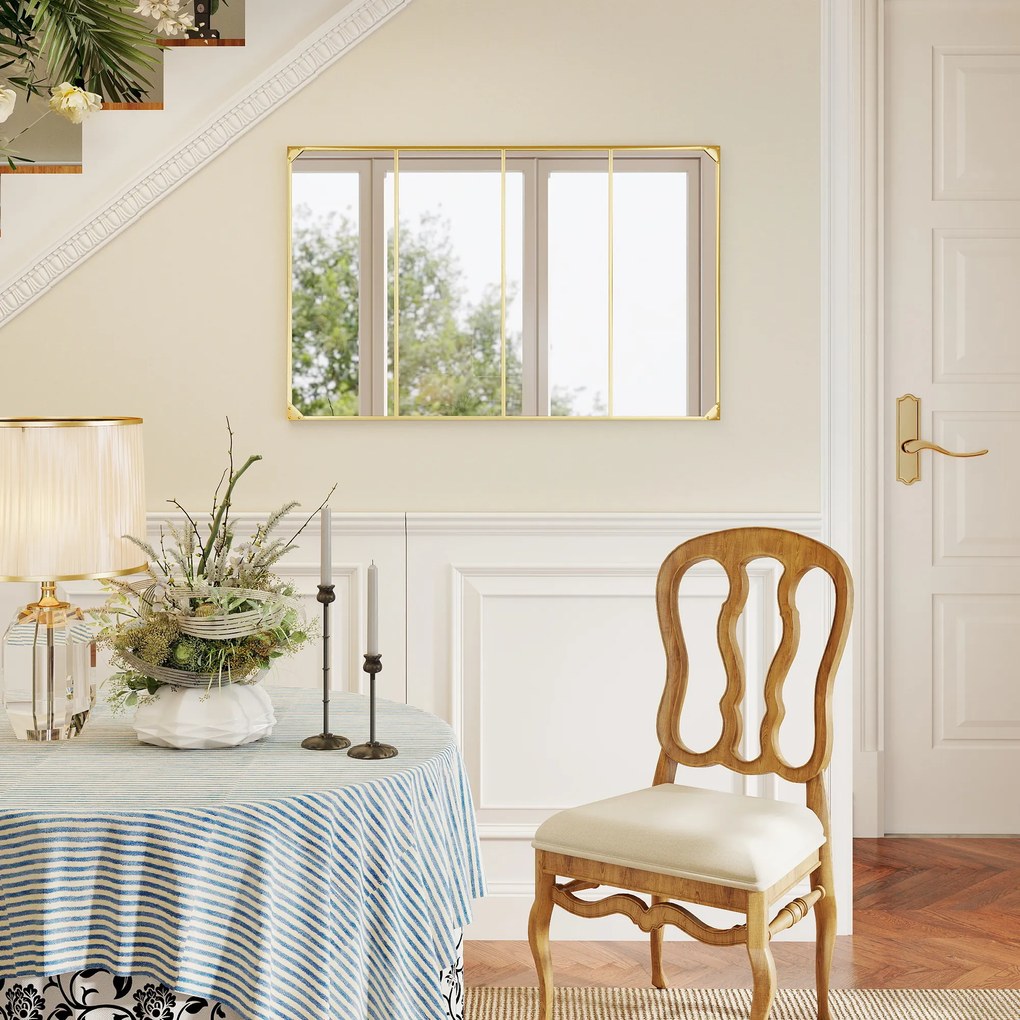 HOMCOM Oglindă de perete tip verrière, dreptunghiulară, stil industrial, montaj orizontal sau vertical cu 4 cârlige, din metal auriu 109 x 69 cm | Aosom Romania