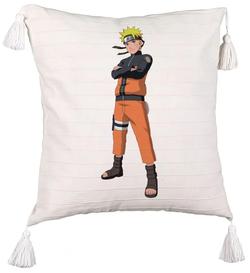 Perna Decorativa cu Franjuri cu Naruto, 45x45 cm, Ecru, Cu fermoar