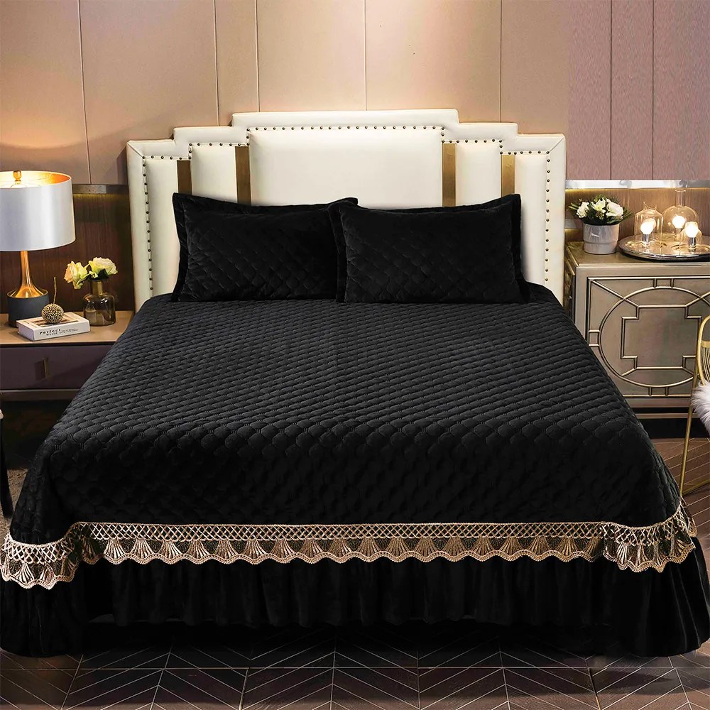 Cuvertură catifea matlasată cu broderie, negru, 3 piese, 220x240 cm, CC78