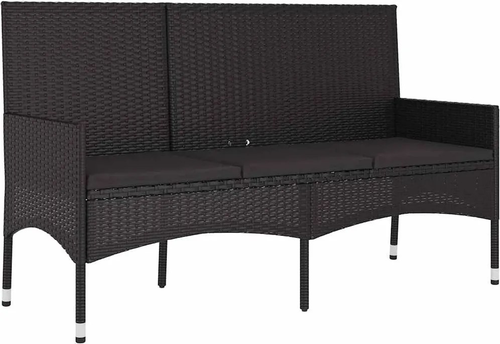 vidaXL Bancă de grădină cu 3 locuri, cu perne, negru, poliratan