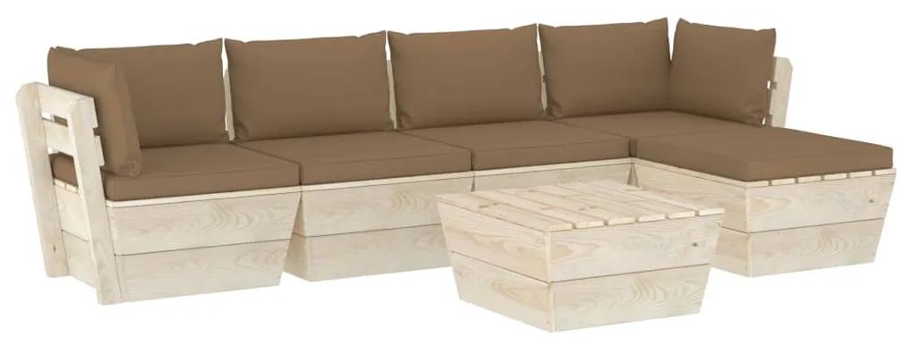 Set mobilier gradina din paleti cu perne, 6 piese, lemn molid Gri taupe, 2x colt + 2x mijloc + masa + suport pentru picioare, 1