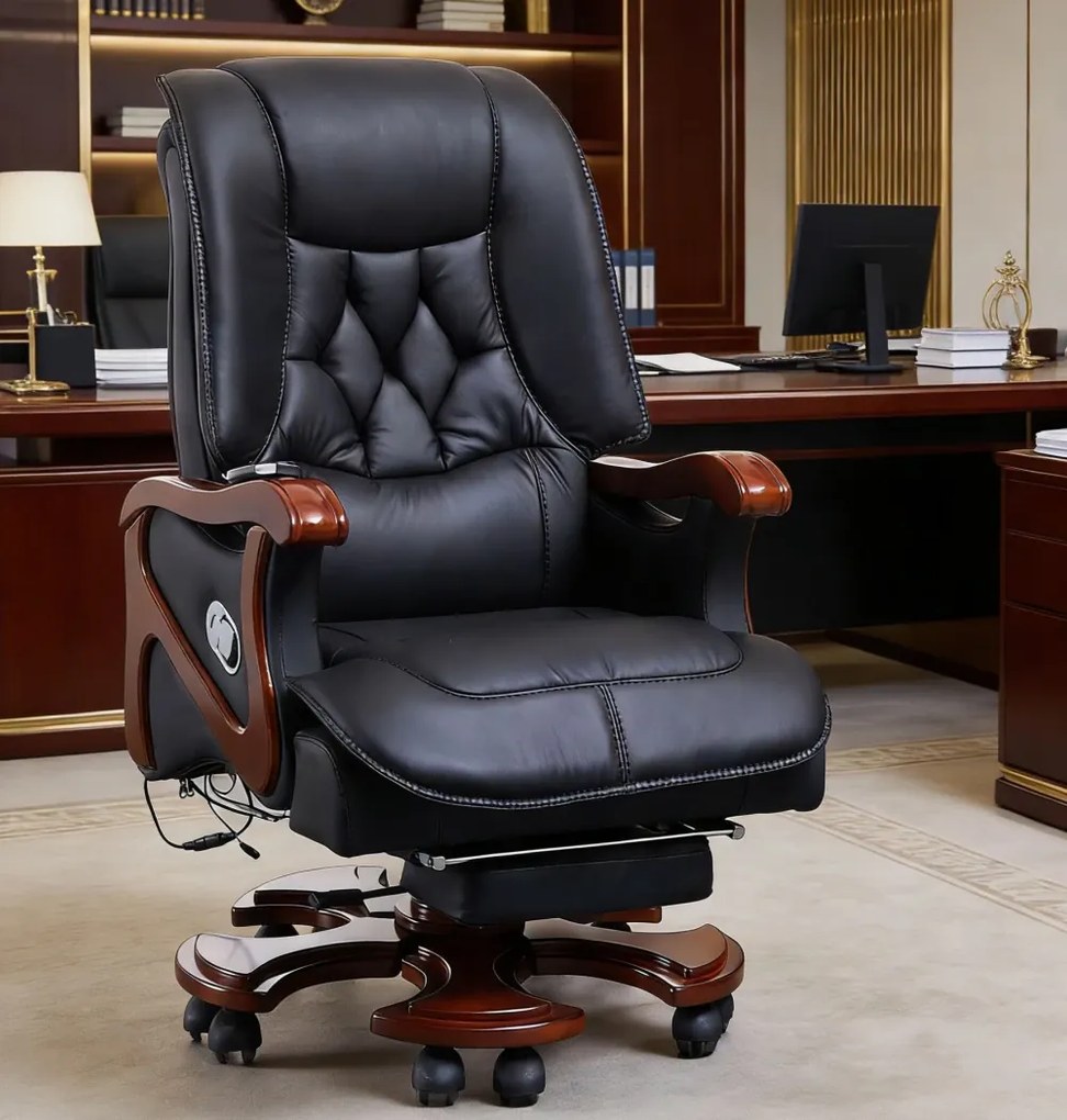 Regal Confort – Scaun directorial din Piele Naturală si Lemn Masiv, Masaj in 7 puncte, Funcție Încălzire, Înclinare 135°, Suport Picioare Extensibil, Sezut cu Arcuri, Telecomandă, Negru
