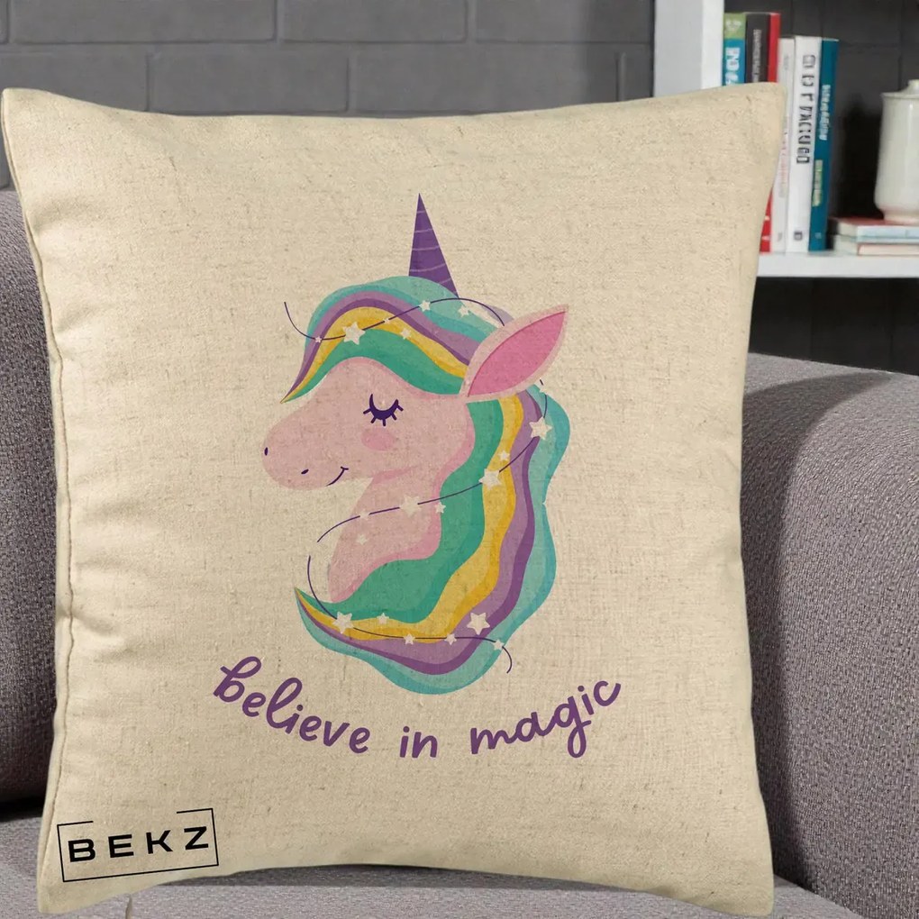Perna Decorativa Unicorn Believe in Magic, 40x40 cm, Bej, Husa Detasabila, Perna Inclusa, BEKZ®
