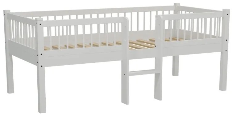 Pat Semi-Înălțat (Mid Sleeper) Forrest Beech 90x200 cm, pentru Camera Copii, din Lemn de Fag Lăcuit Alb, cu Scară și Sertare – Vipack