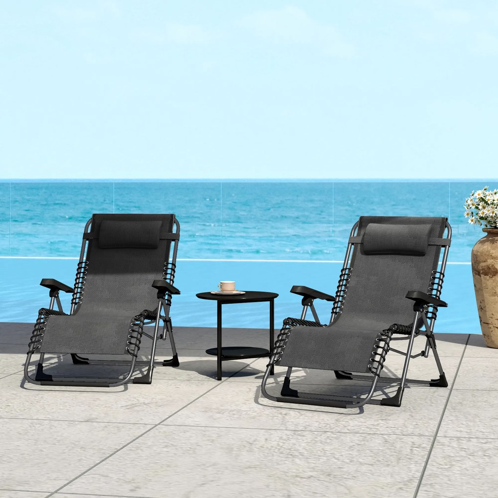 Outsunny Set de 2 șezlonguri pentru bronzat, șezlong pliant reglabil cu tetieră din textilenă, 90 x 65 x 112 cm, negru | Aosom Romania