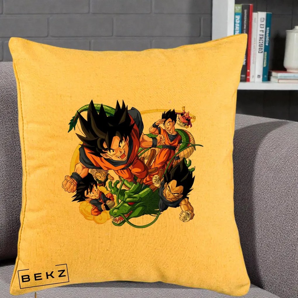 Perna Personalizata Dragon Ball Goku si Shenron Actiune, 40x40 cm, Galben, Husa Detasabila, Perna Inclusa, BEKZ®