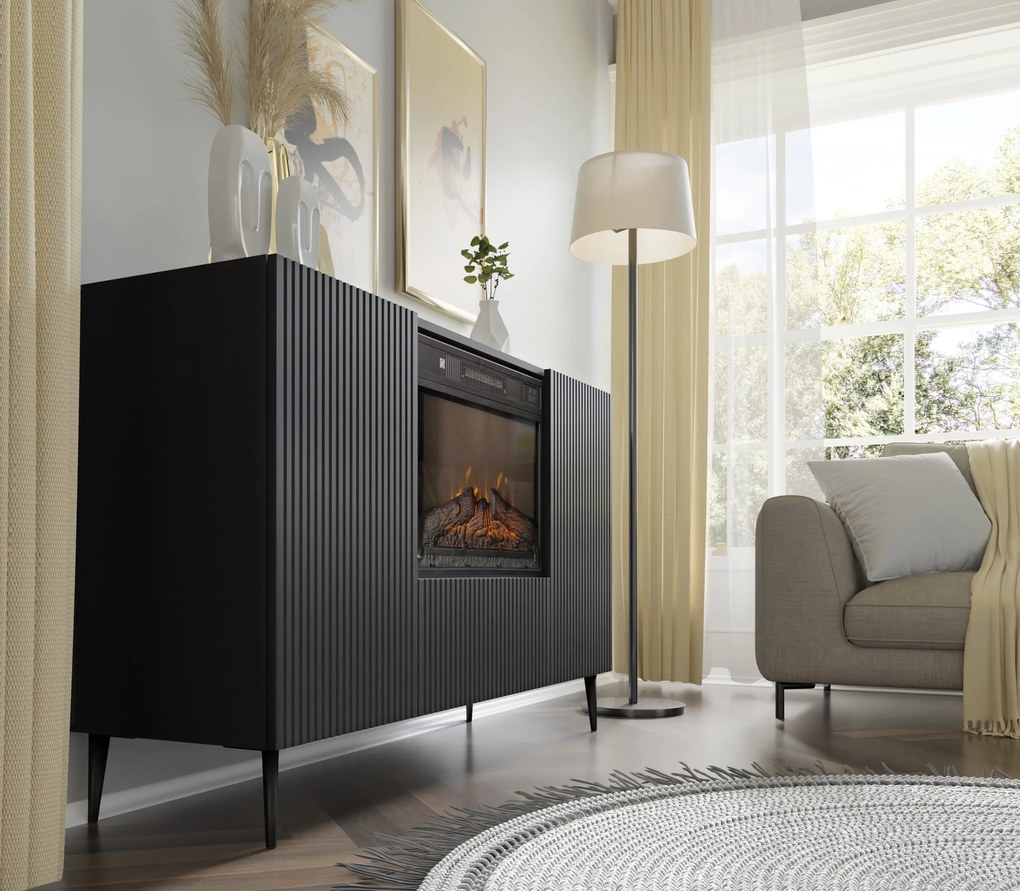 Comodă cu bioșemineu electric 2D1K Rowanna (Negru). 1124992