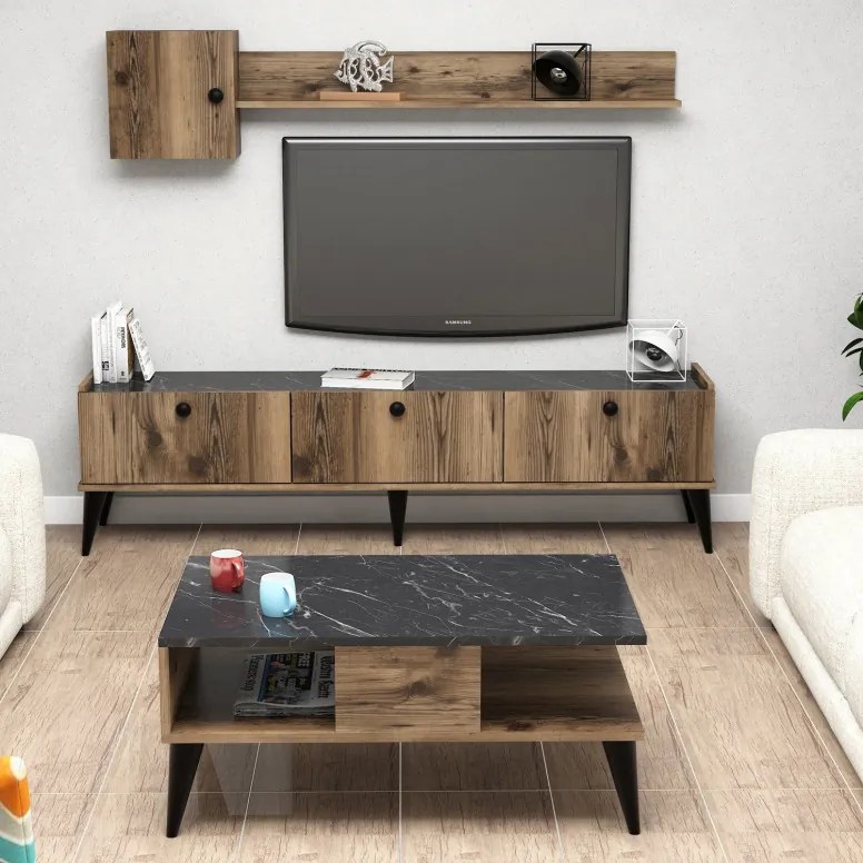 Set Comoda TV si Masuta de Cafea Living Lidya1 Walnut-Marble