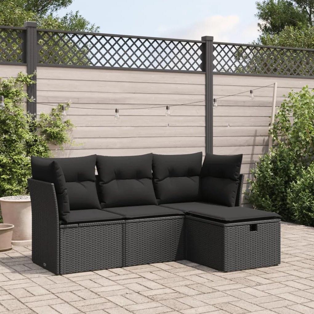 3325251 vidaXL Set mobilier de grădină cu perne, 4 piese, negru, poliratan