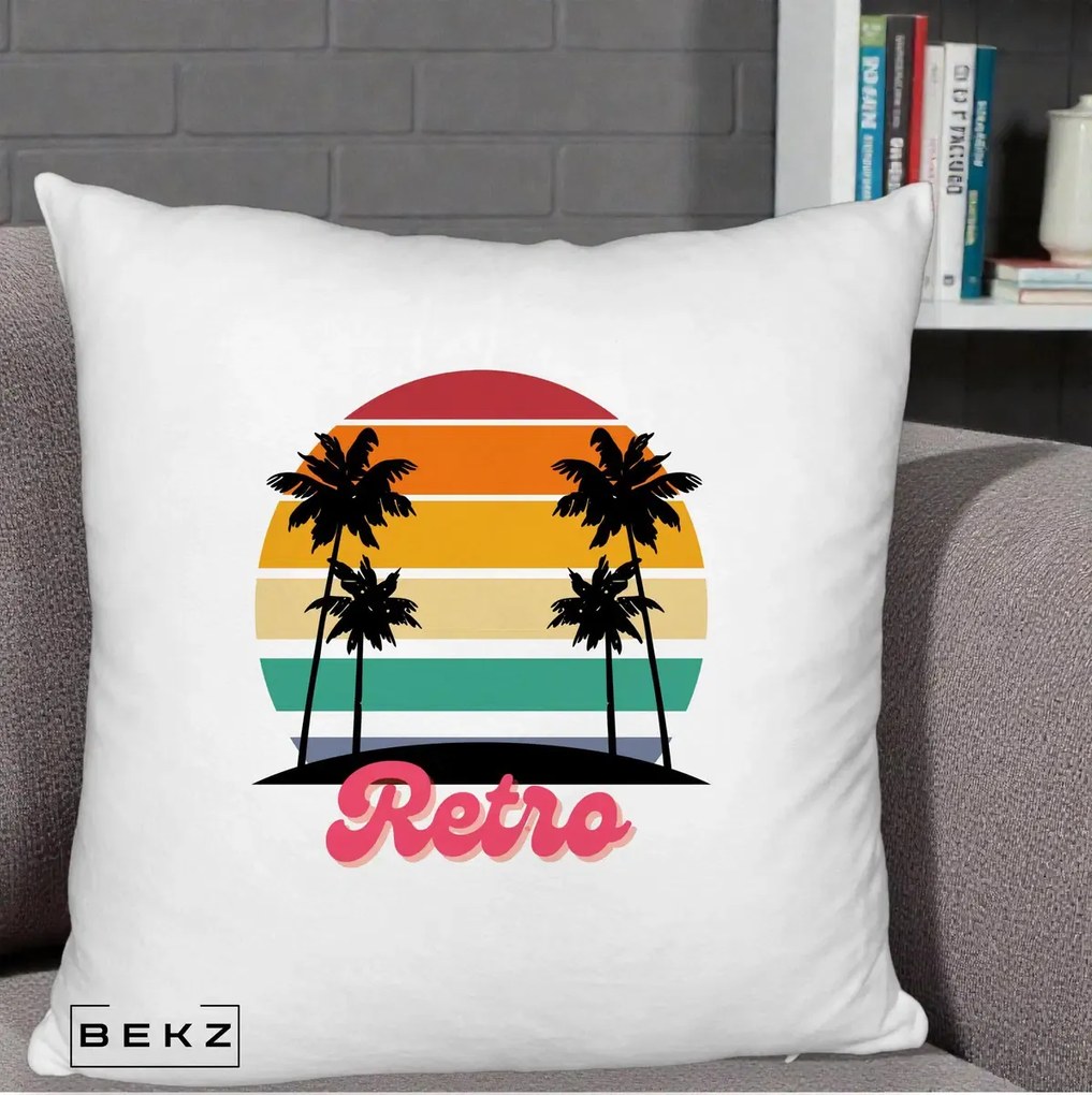 Perna Decorativa Retro Sunset Palmieri, 40x40 cm, Alb Pufos, Husa Detasabila, Perna Inclusa, BEKZ®