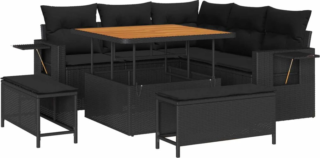 vidaXL Set de canapele pentru grădină cu pernă 9 pcs Negru poliratan