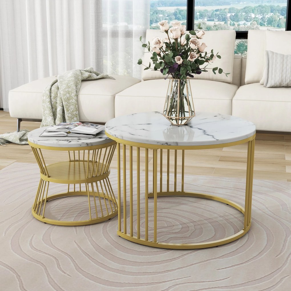 Set de 2 Măsuțe de Cafea Moderne, din MDF cu Finisaj Efect de Marmură și Structură Metalică Aurie, 70x70x47 cm și 45x45x40 cm, Alb