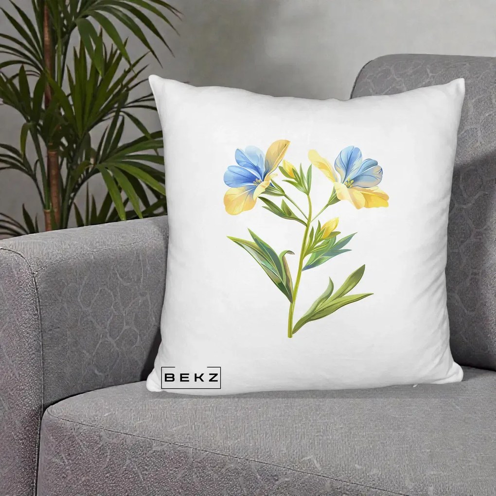 Perna Decorativa Botanica Frezie Galbena si Albastra, 40x40 cm, Alb Pufos, Husa Detasabila, Perna Inclusa, BEKZ®
