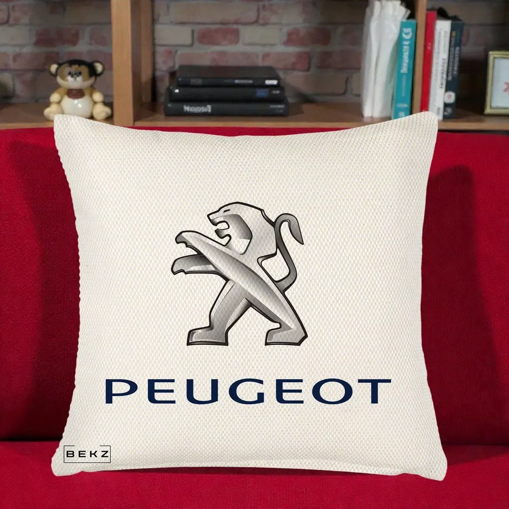 Perna Personalizata cu emblema Peugeot, 40x40 cm, Crem Reliefat, Husa Detasabila, Perna Inclusa, BEKZ®