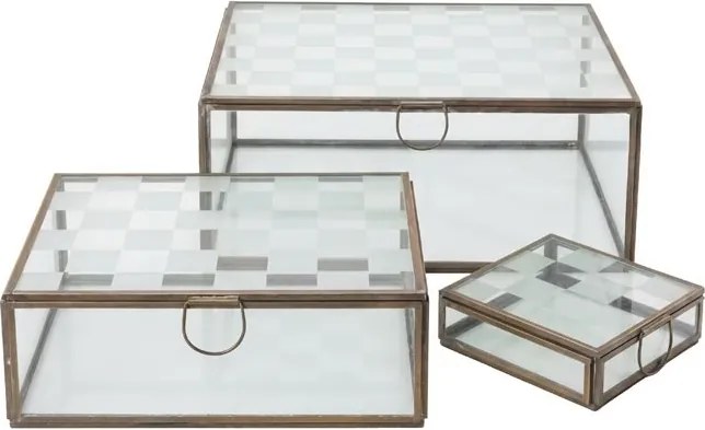 Set 3 cutii decorative din sticlă transparentă și metal auriu, capac cu balama și model în carouri mate, mâner inel, finisaj antichizat, 11 x 25 x 20