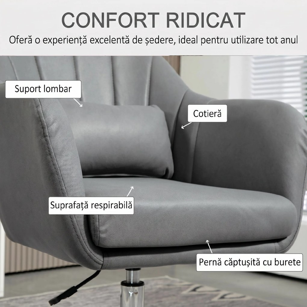 HOMCOM Scaun de birou pivotant la 360° cu Inaltime Reglabila din Material Respirabil, cu Perna, 60x60x79-91 cm, Gri | Aosom Romania