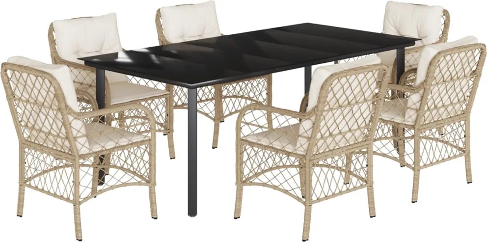 vidaXL Set de masă pentru grădină, 7 piese, cu perne, bej, poliratan