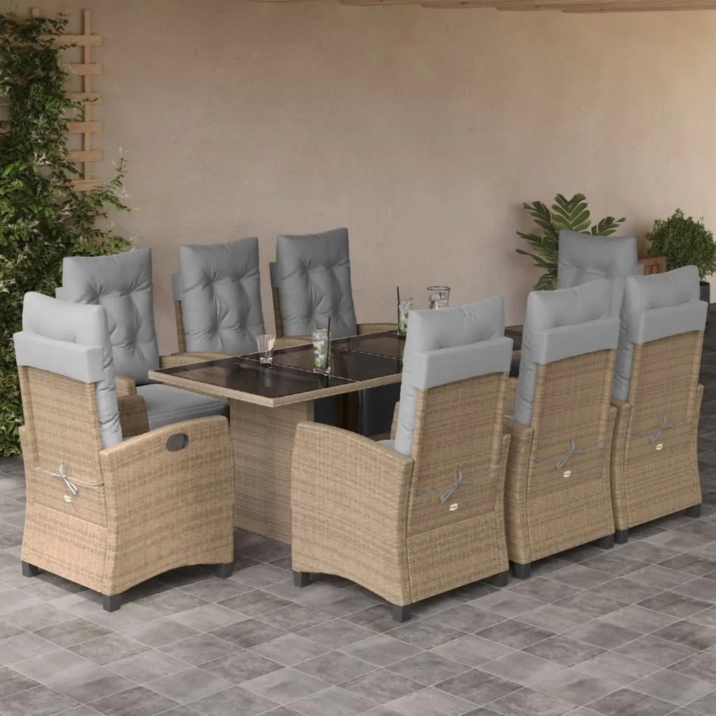 vidaXL Set de masă pentru grădină, 9 piese, cu perne, bej, poliratan