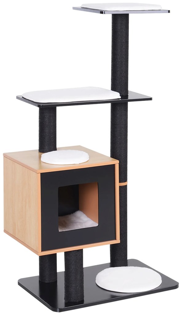 PawHut Pom de pisici design contemporan zgarieturi pe scara din sisal natural cu activitati in centru, platforme pentru joaca, bile suspendate 71,5L x 49,5l x 120H cm MDF negru stejar | Aosom Romania