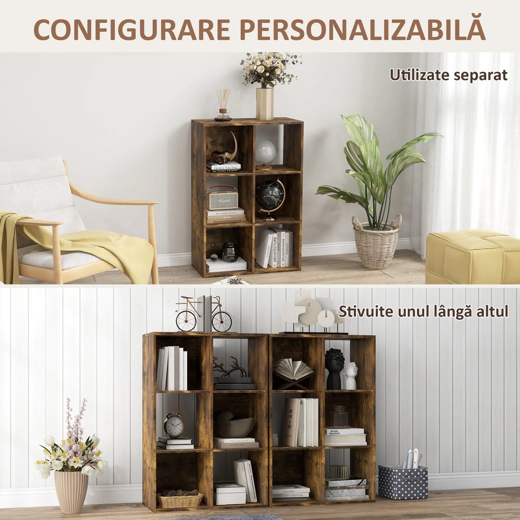 HOMCOM Bibliotecă Modernă Modulară cu 6 Compartimente din PAL, Maro | Aosom Romania