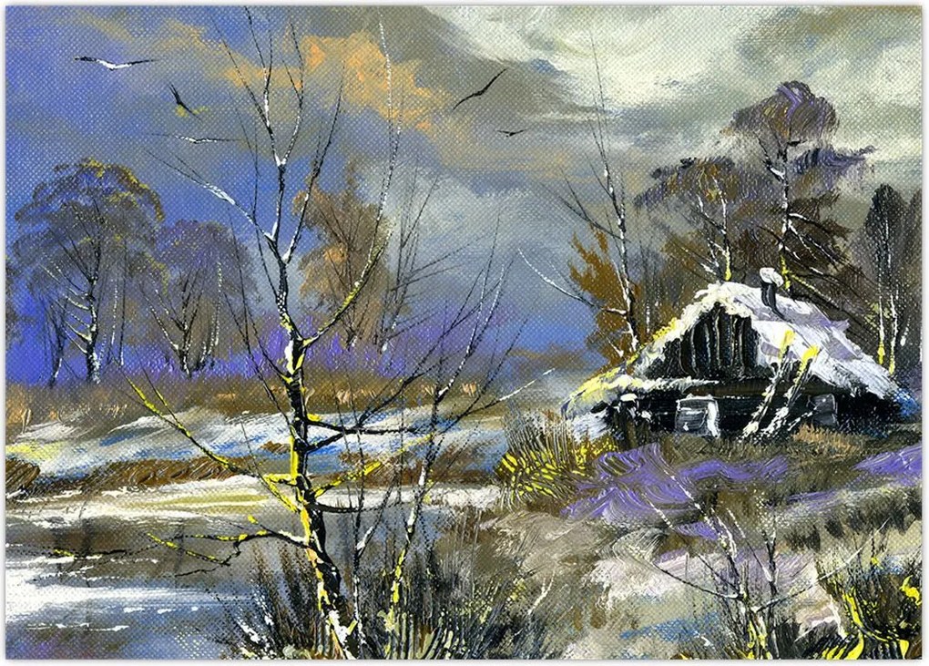 Tablou -Cabane într-un peisaj de iarnă, pictură în ulei (70x50 cm)