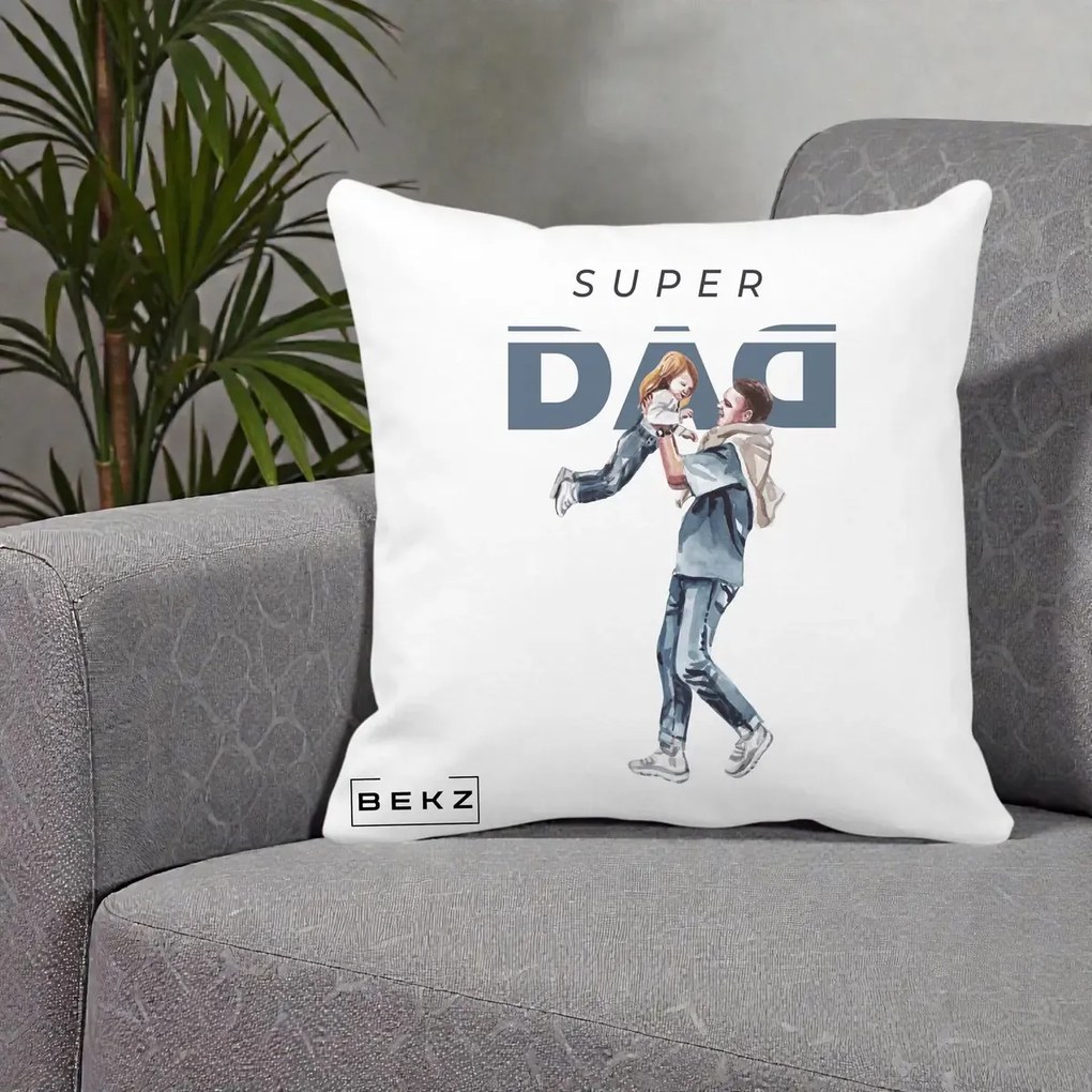 Cadou pentru Tata - Perna Personalizata Super DAD Tata si Fiica, 40x40 cm, Alba Mata, Husa Detasabila, Perna Inclusa, BEKZ®