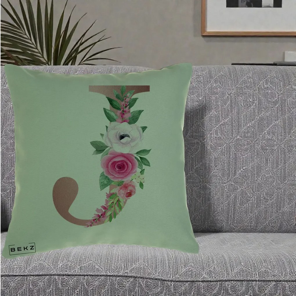 Cadou Personalizat - Perna Personalizata Monograma Rose Gold Litera J, 40x40 cm, Verde, Husa Detasabila, Perna Inclusa, BEKZ®