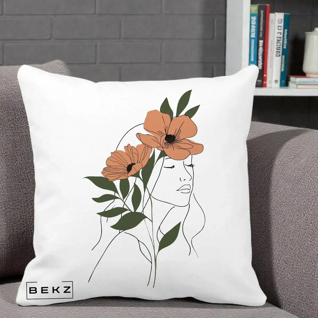 Perna Decorativa Portret Feminin Doua Maci Terracotta, 40x40 cm, Alba Mata, Husa Detasabila, Perna Inclusa, BEKZ®