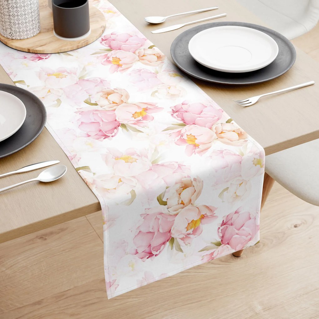 Goldea napron de masă 100% bumbac deluxe - flori de bujor înfloriți 20x140 cm