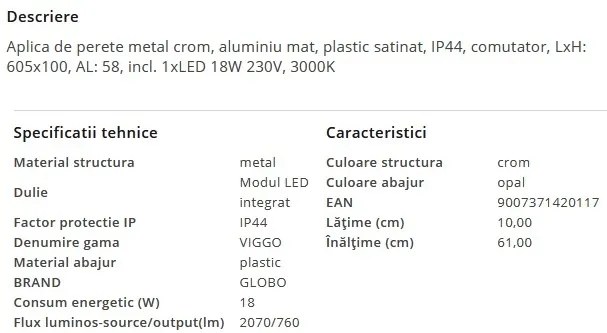 Aplica LED pentru oglinda baie IP44 VIGGO crom