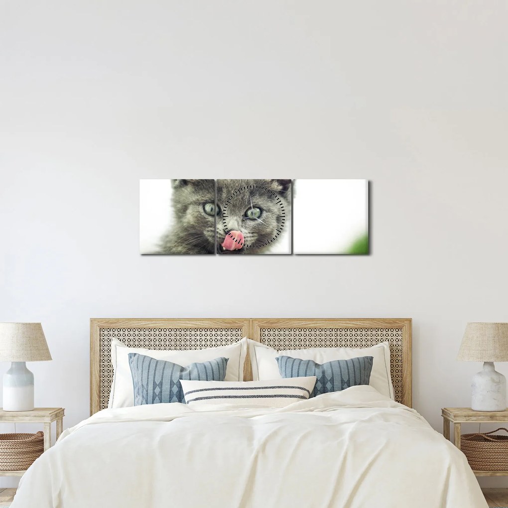 Tablou cu pisicuța lingându-se (cu ceas) (90x30 cm)