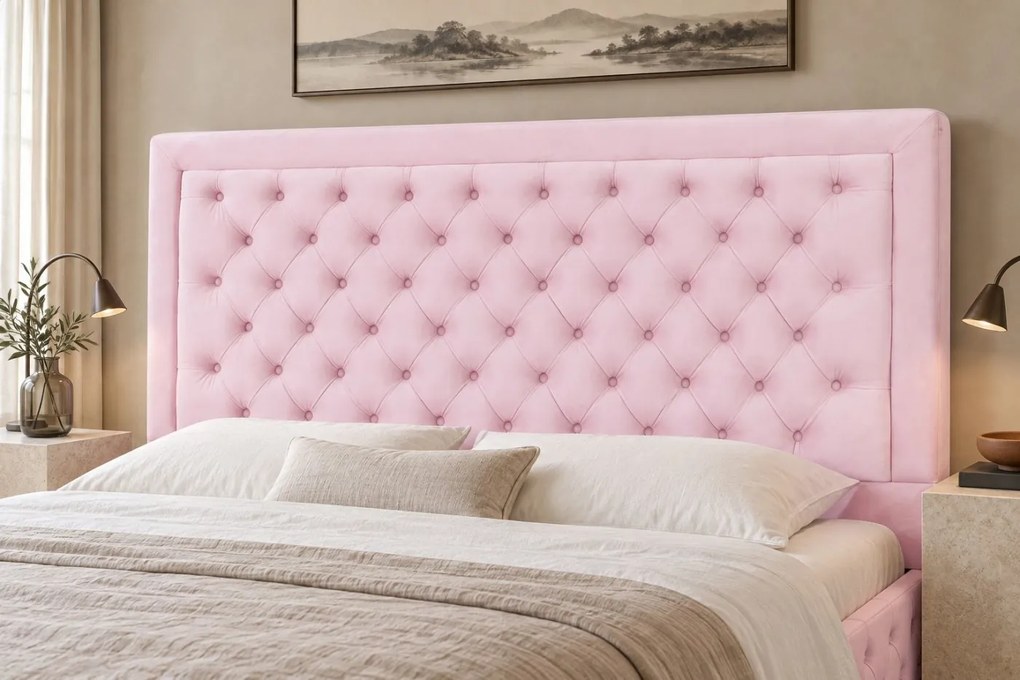 Pat tapițat Chesterfield din catifea Ophelia Deluxe 120×200 cm, roz, cu ladă de depozitare