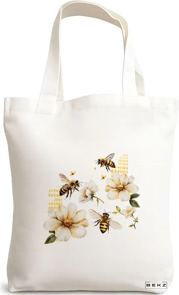 Sacosa de Panza pentru Cumparaturi, Geanta Tote, model Bees and flowers 38 x 34.5 cm, Alba, BEKZ®