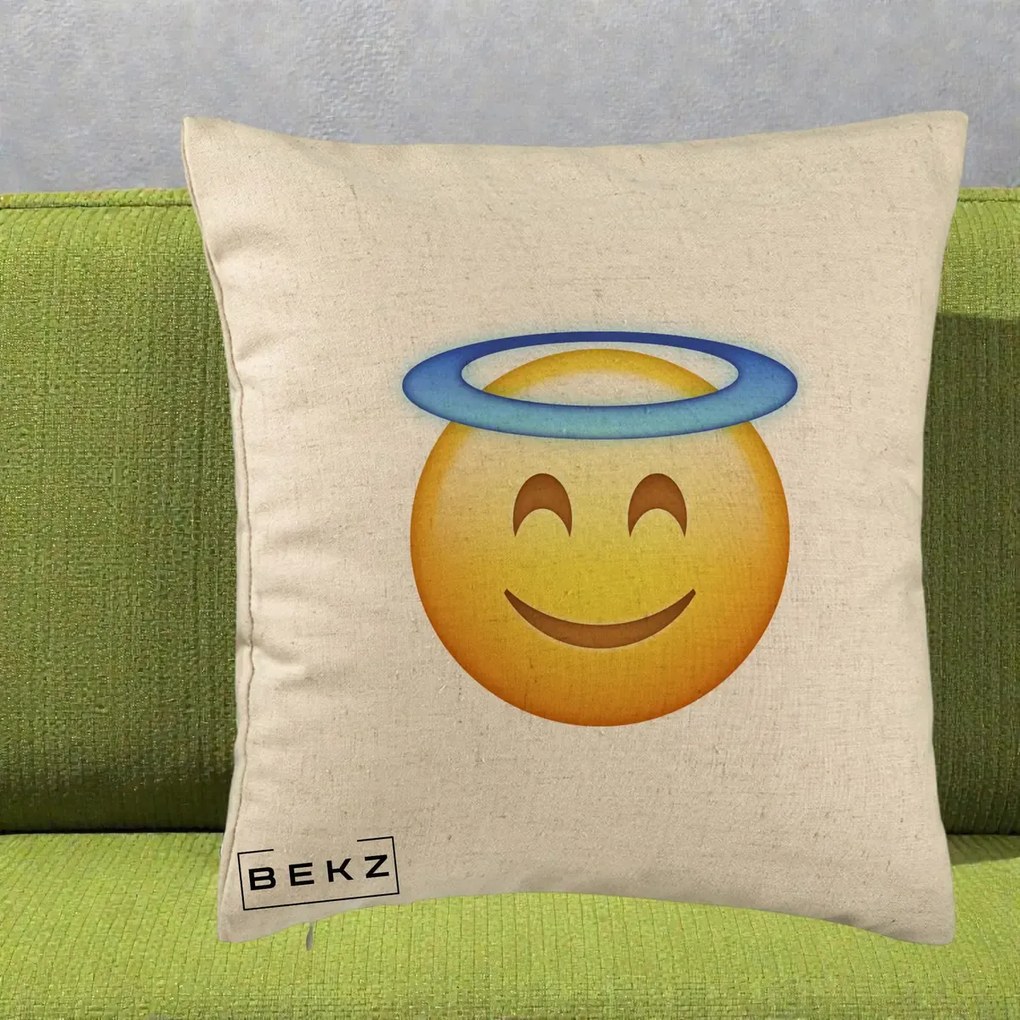 Perna Decorativa Emoji Inger cu Aureola, 40x40 cm, Bej, Husa Detasabila, Perna Inclusa, BEKZ®