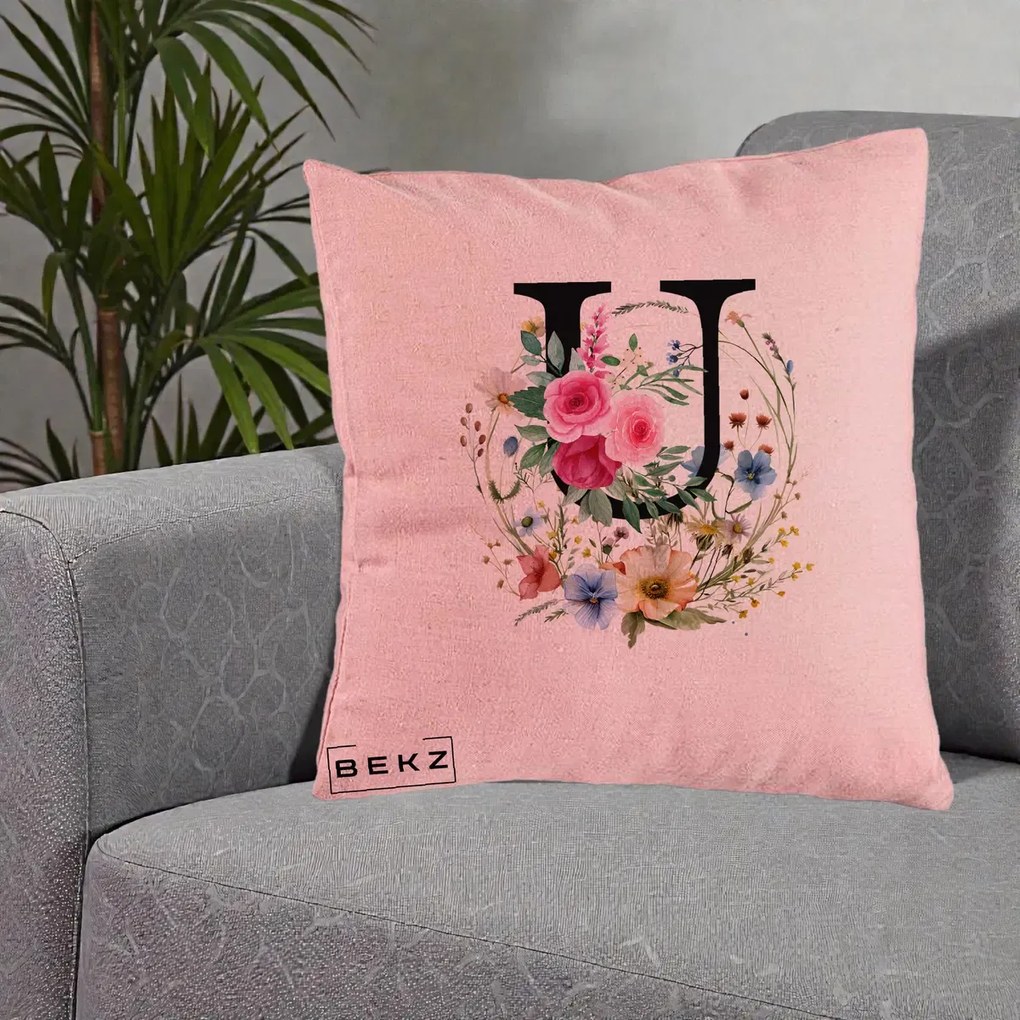 Cadou Personalizat - Perna Personalizata Monogram Litera U cu Flori Acuarela, 40x40 cm, Roz, Husa Detasabila, Perna Inclusa, BEKZ®