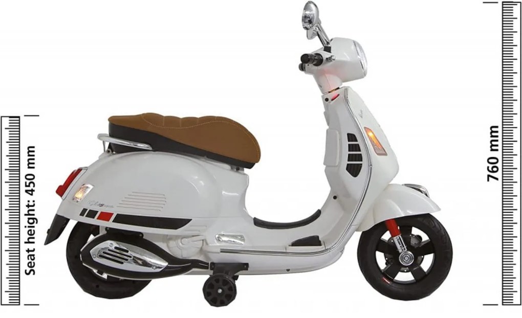Motocicleta Electrica cu Acumulator Pentru Copii NOVOKIDS™ Vespa Classic Scooter, Pornire la cheie, Lungime 102 cm, 3-8 ani, Max 30 kg, Alb