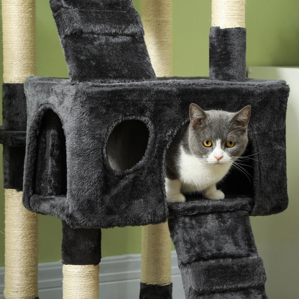 PawHut Albero Tiragraffi per Gatti con Due Cucce in Peluche e Sisal, Grigio, 50x50x170cm