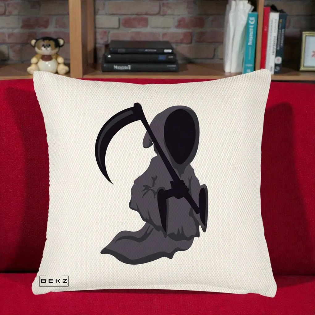 Perna Decorativa Moartea cu Coasa Grim Reaper Halloween, 40x40 cm, Crem Reliefat, Husa Detasabila, Perna Inclusa, BEKZ®