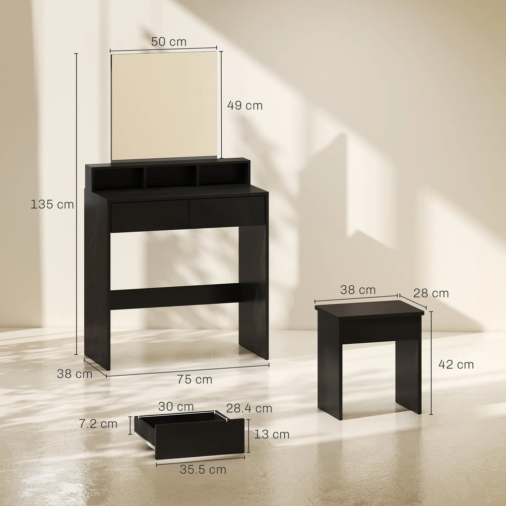 HOMCOM Masă de Toaletă cu Oglindă, 3 Rafturi, 2 Sertare, 75x38x135 cm, Negru | Aosom Romania
