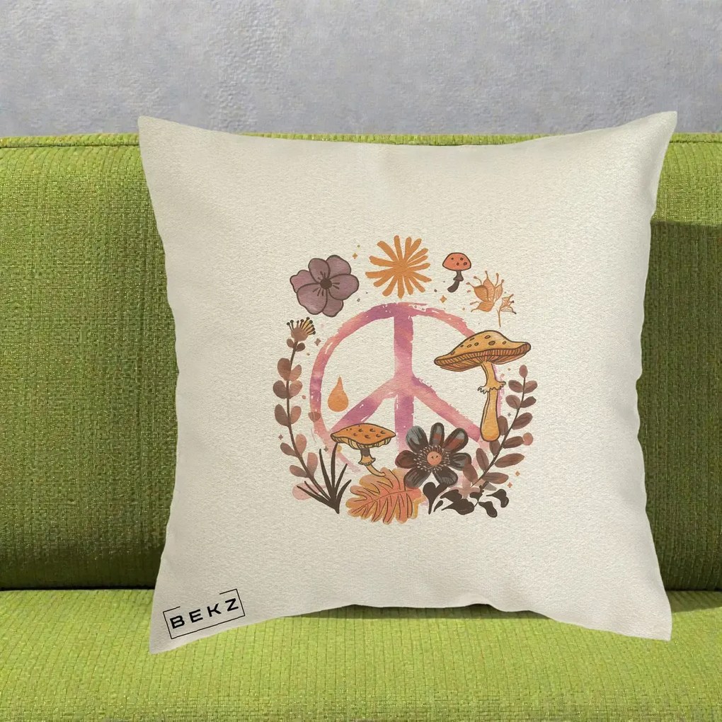 Perna Decorativa Peace Ciuperci Boho, 40x40 cm, Ecru, Husa Detasabila, Perna Inclusa, BEKZ®