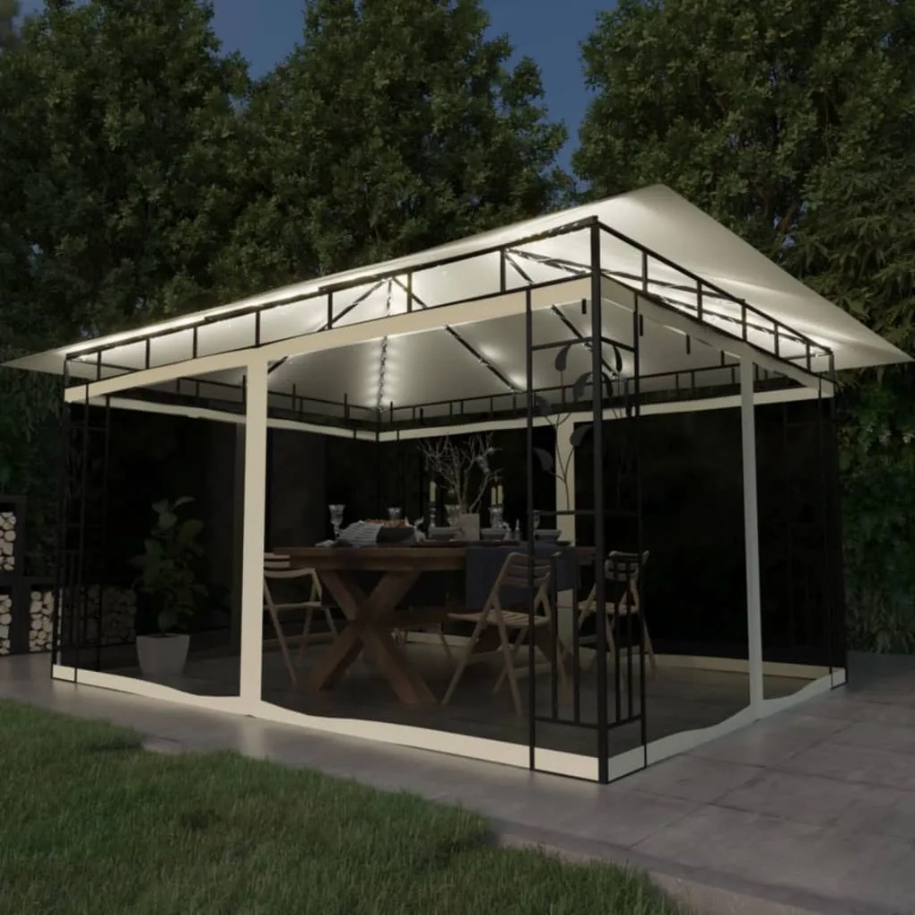 vidaXL Pavilion cu plasă anti-țânțari &amp; lumini LED crem 4x3x2,73m