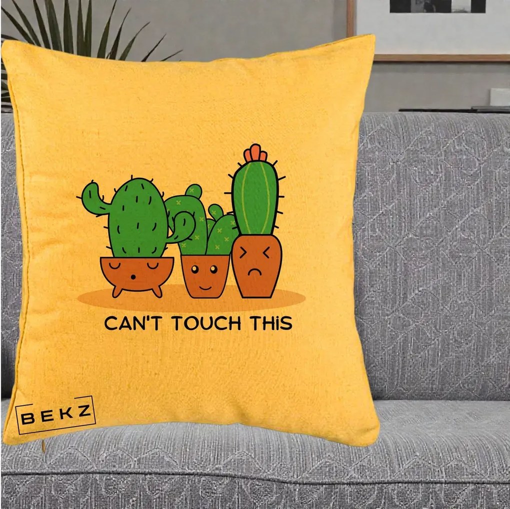 Perna Decorativa Cactus Funny Can't Touch This, 40x40 cm, Galben, Husa Detasabila, Perna Inclusa, BEKZ®