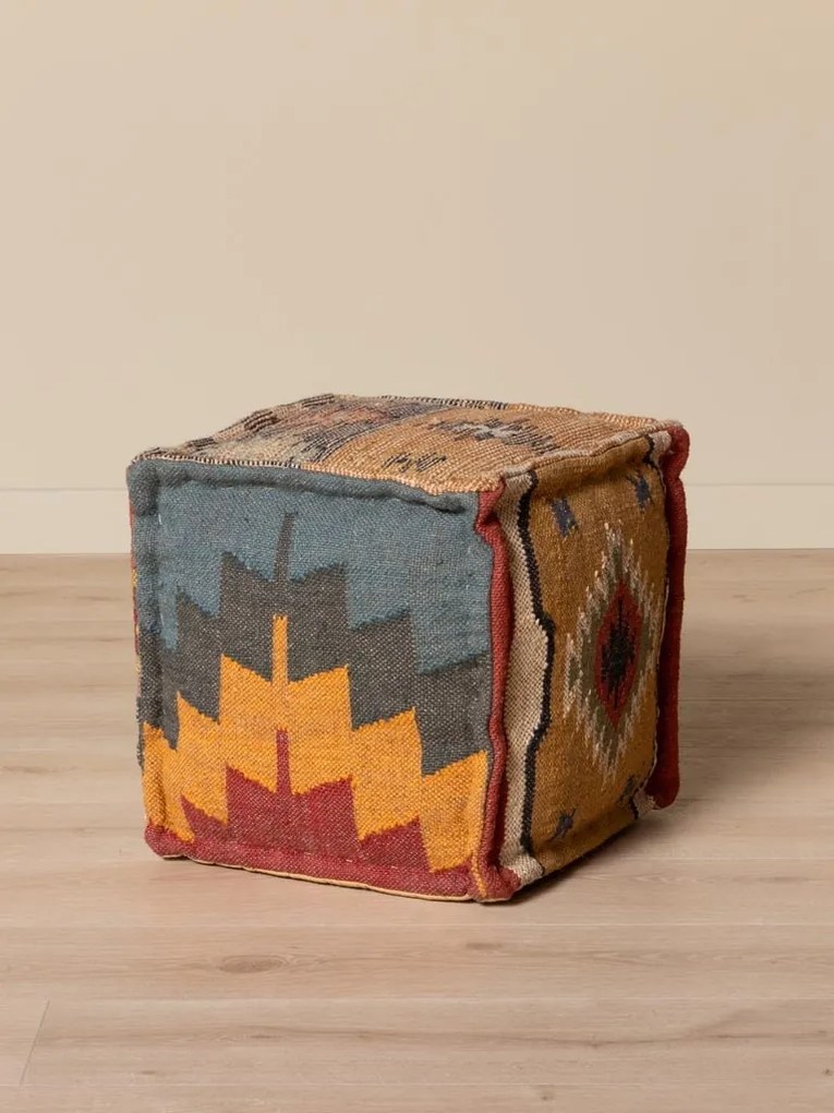 Puf kilim cubic din bumbac și lână, multicolor, cu modele diferite pe fiecare față, 45,5 x 45,5 x 45,5 cm, „Tikana”