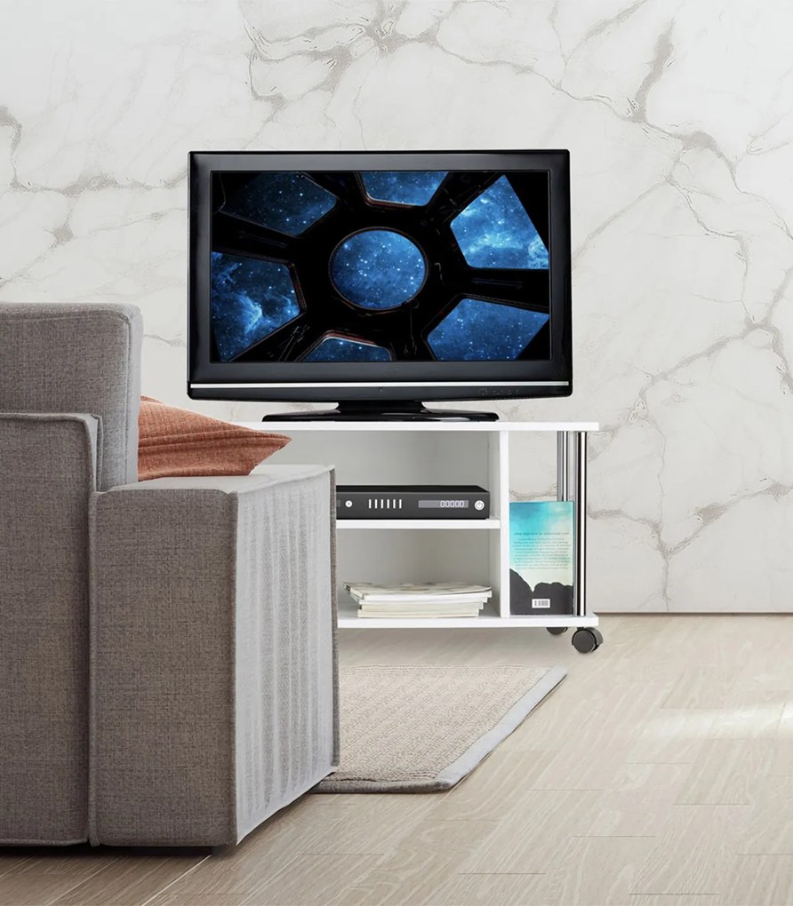 Comoda TV cu roti 3 niveluri 2 rafturi 2 compartimente pentru carti  MDF  Alb