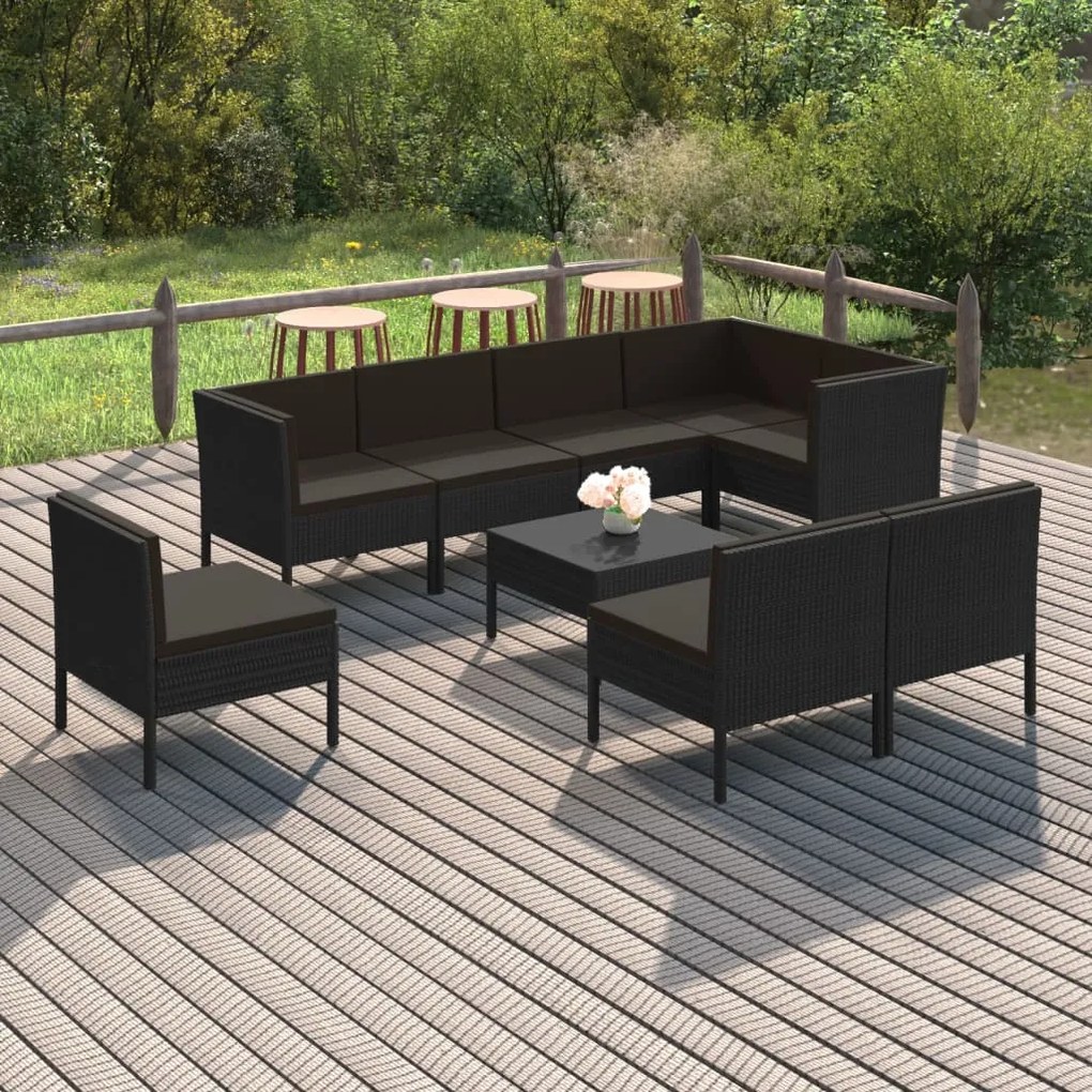 Set mobilier de gradina cu perne, 9 piese, negru, poliratan