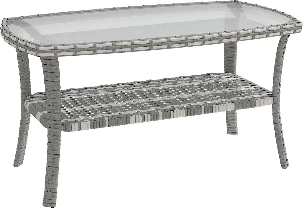 Outsunny Masă de grădină exterioară dreptunghiulară din ratan cu raft blat din sticlă securizată cu model ondulat 90x50x45 cm Gri închis | Aosom Romania