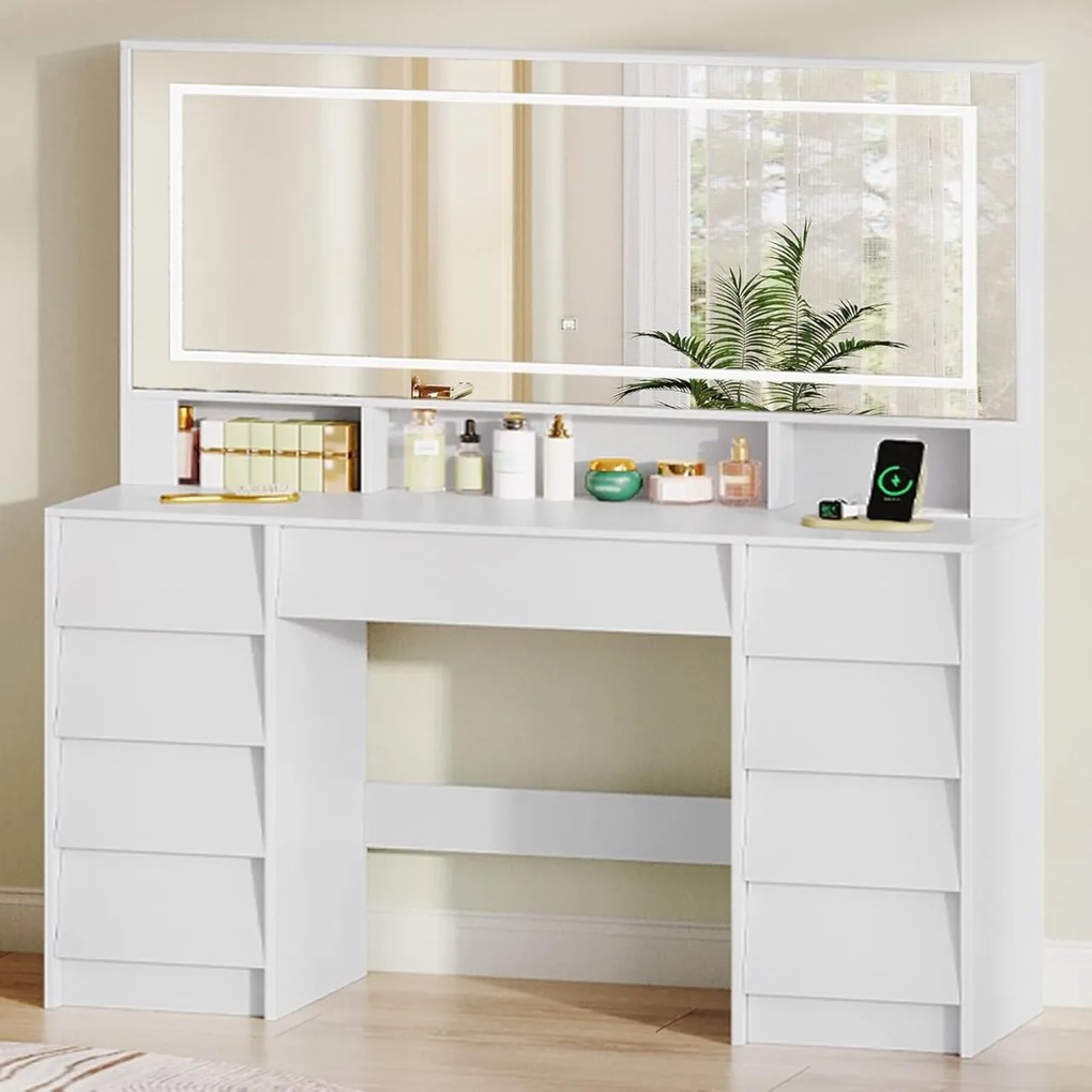 Masuta machiaj cu Oglinda LED si 9 Sertare pentru Cosmetice, Set Masa toaleta 109 cm, Alb, masuta cosmetica, vanity - SEA19