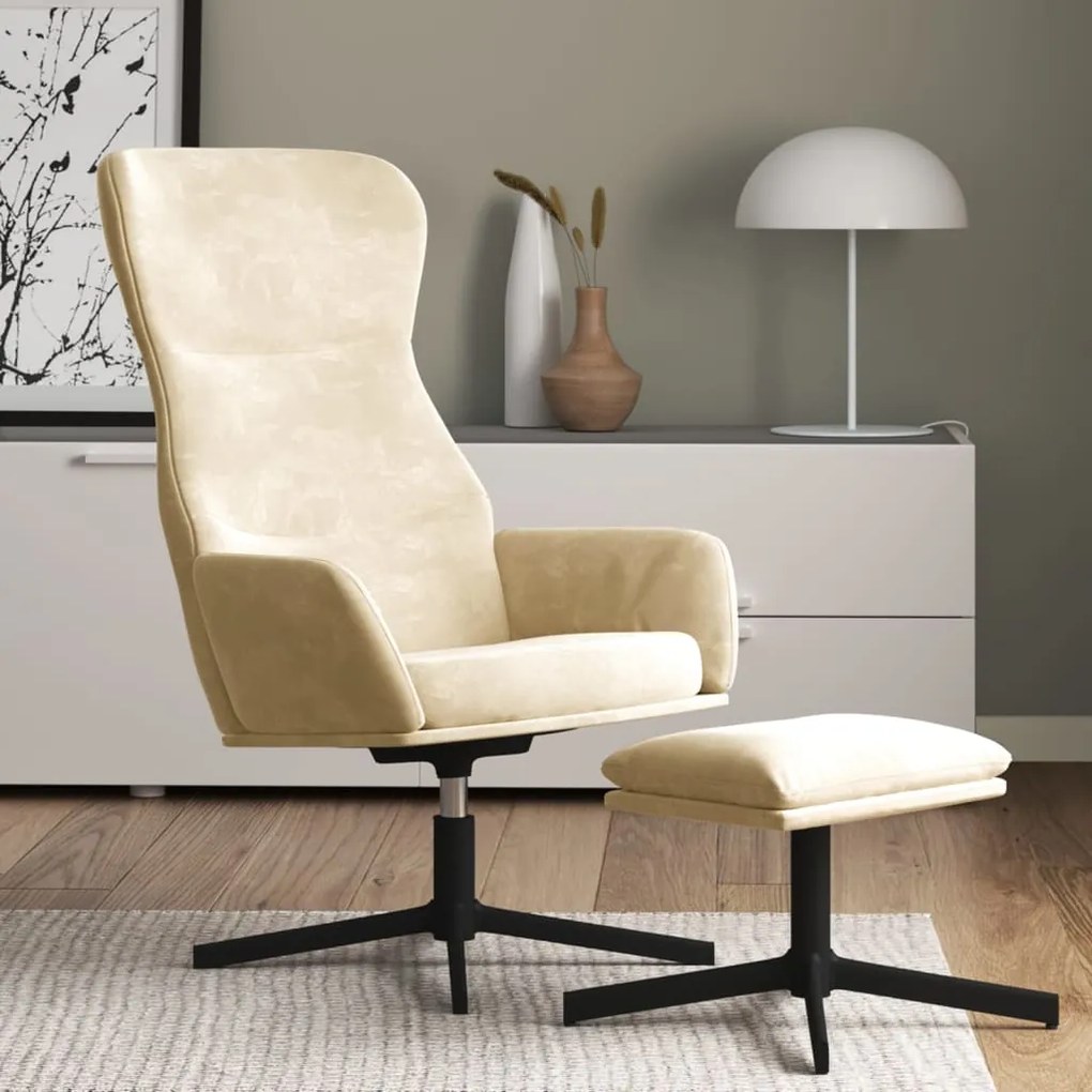 Scaun de relaxare cu taburet, alb crem, catifea